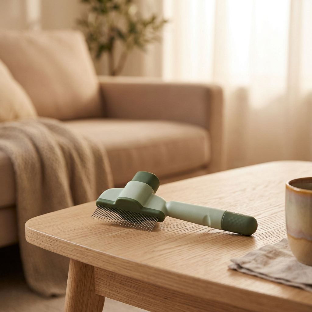 Brosse chat autonettoyante posée sur une table basse en bois