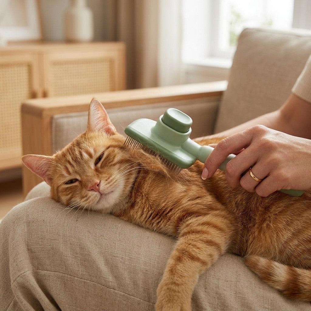 Brosse chat autonettoyante en action