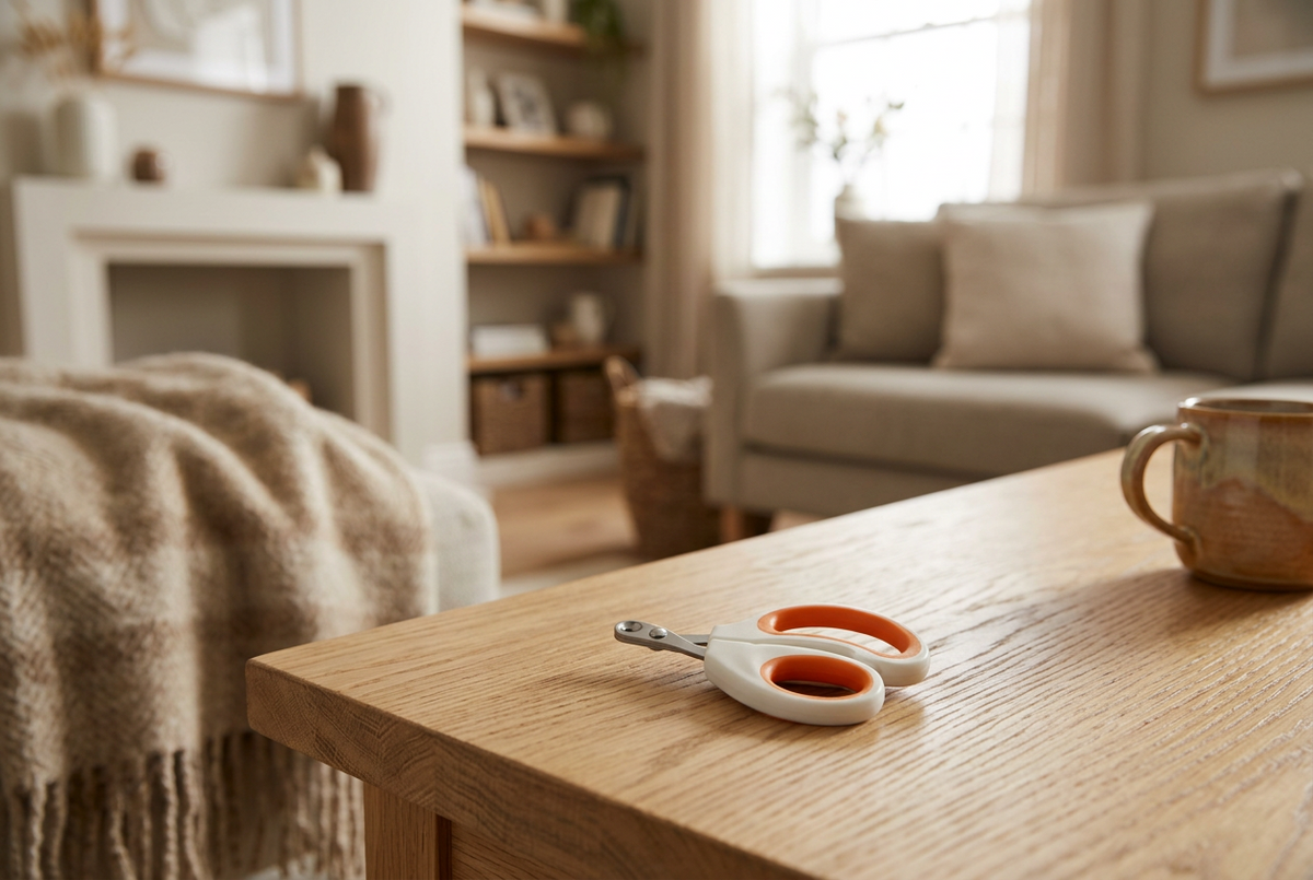Coupe-griffe chat posé sur une table basse en bois dans un salon