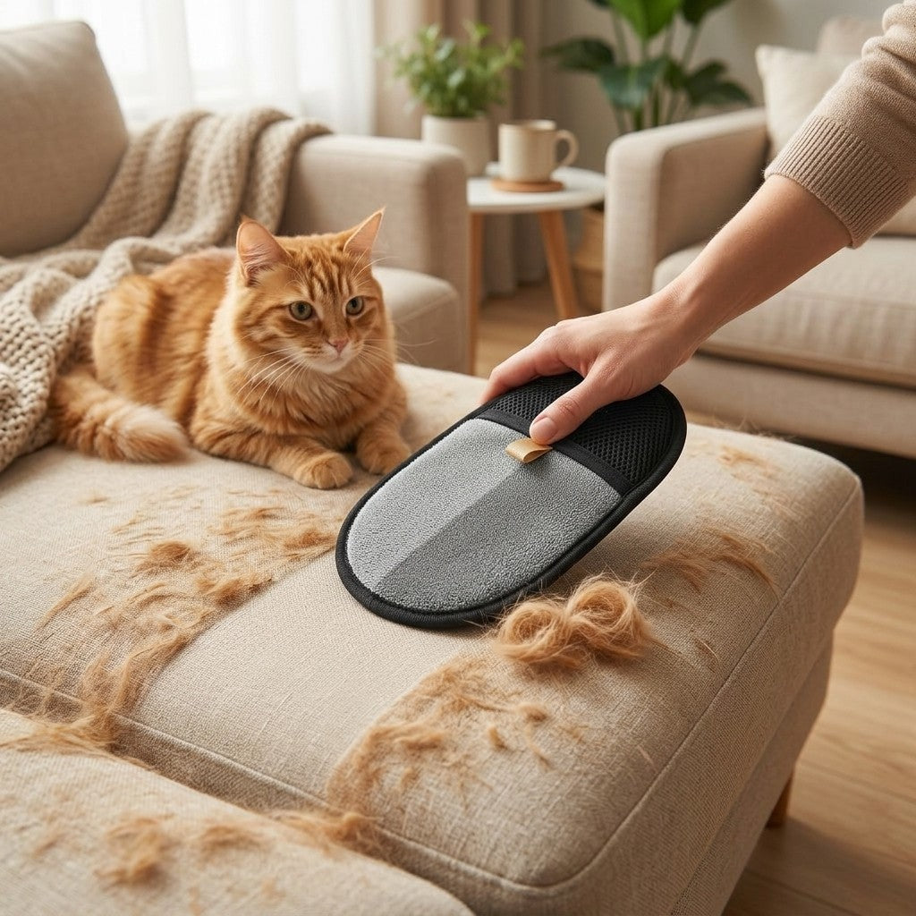 Gant anti-poils chat réutilisable en action