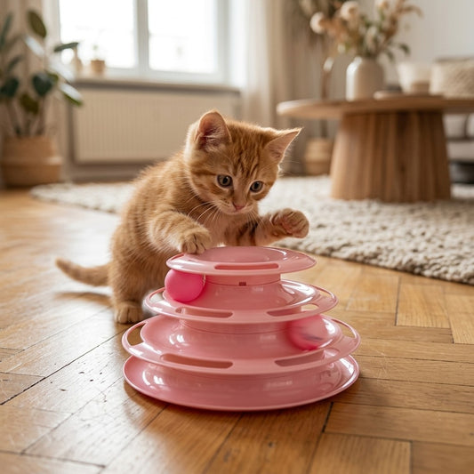 Jouet chat tour à balles 4 étages en action