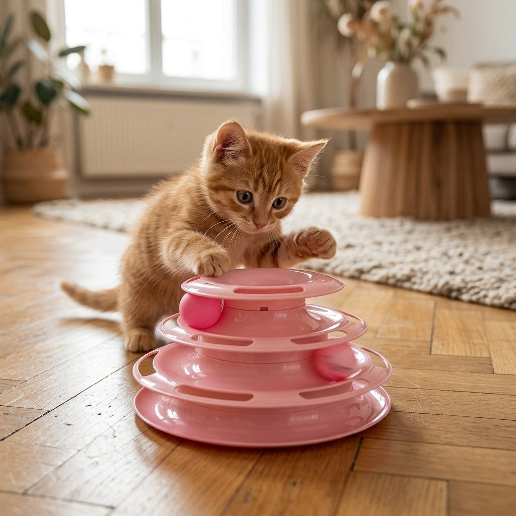 Jouet chat tour à balles 4 étages en action