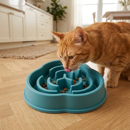 Chat qui mange dans une gamelle anti-glouton labyrinthe