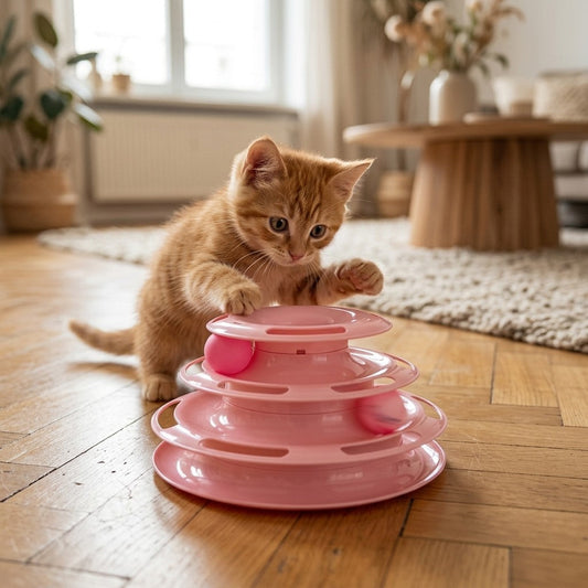 Chat qui joue seul avec une tour à balles