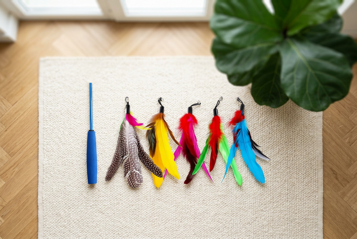 Canne à pêche chat et têtes à plumes posées sur un tapis dans un salon