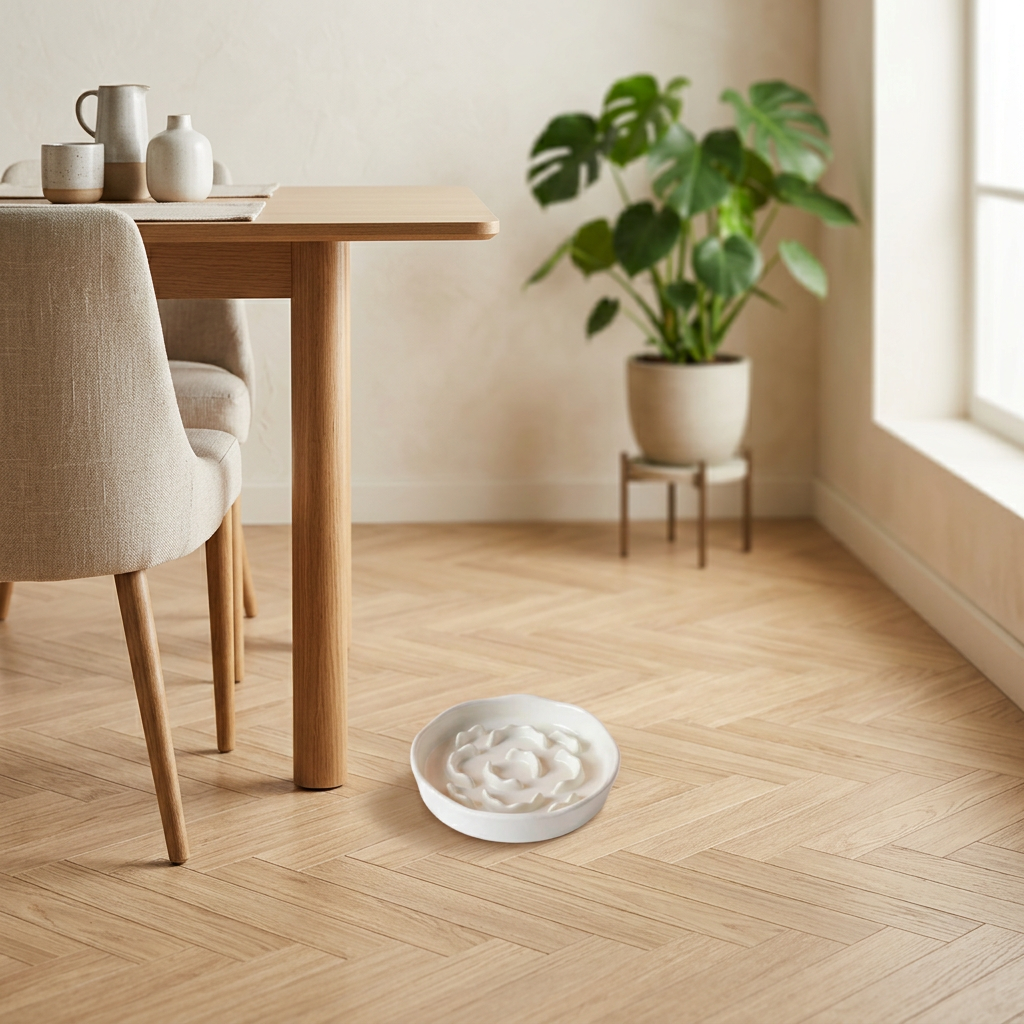 Gamelle anti-glouton chat en céramique blanche posée sur un parquet
