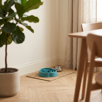 Gamelle anti-glouton chat bleu-vert posée au sol dans un coin repas