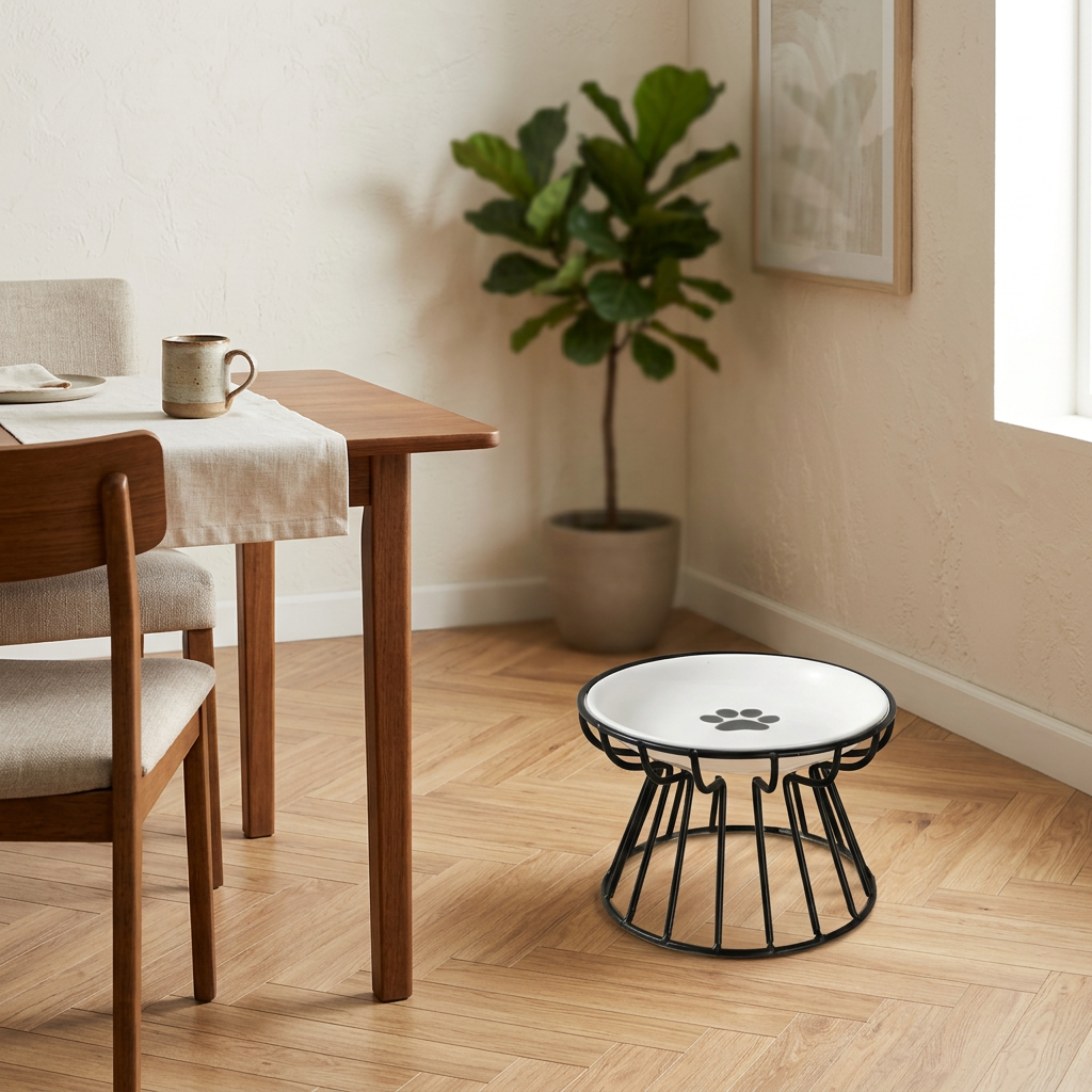 Gamelle chat surélevée en céramique posée sur un parquet près d'une table