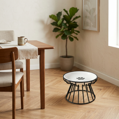 Gamelle chat surélevée en céramique posée sur un parquet près d'une table