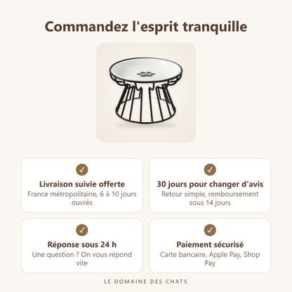 Gamelle chat surélevée en céramique : livraison offerte, retours 30 jours
