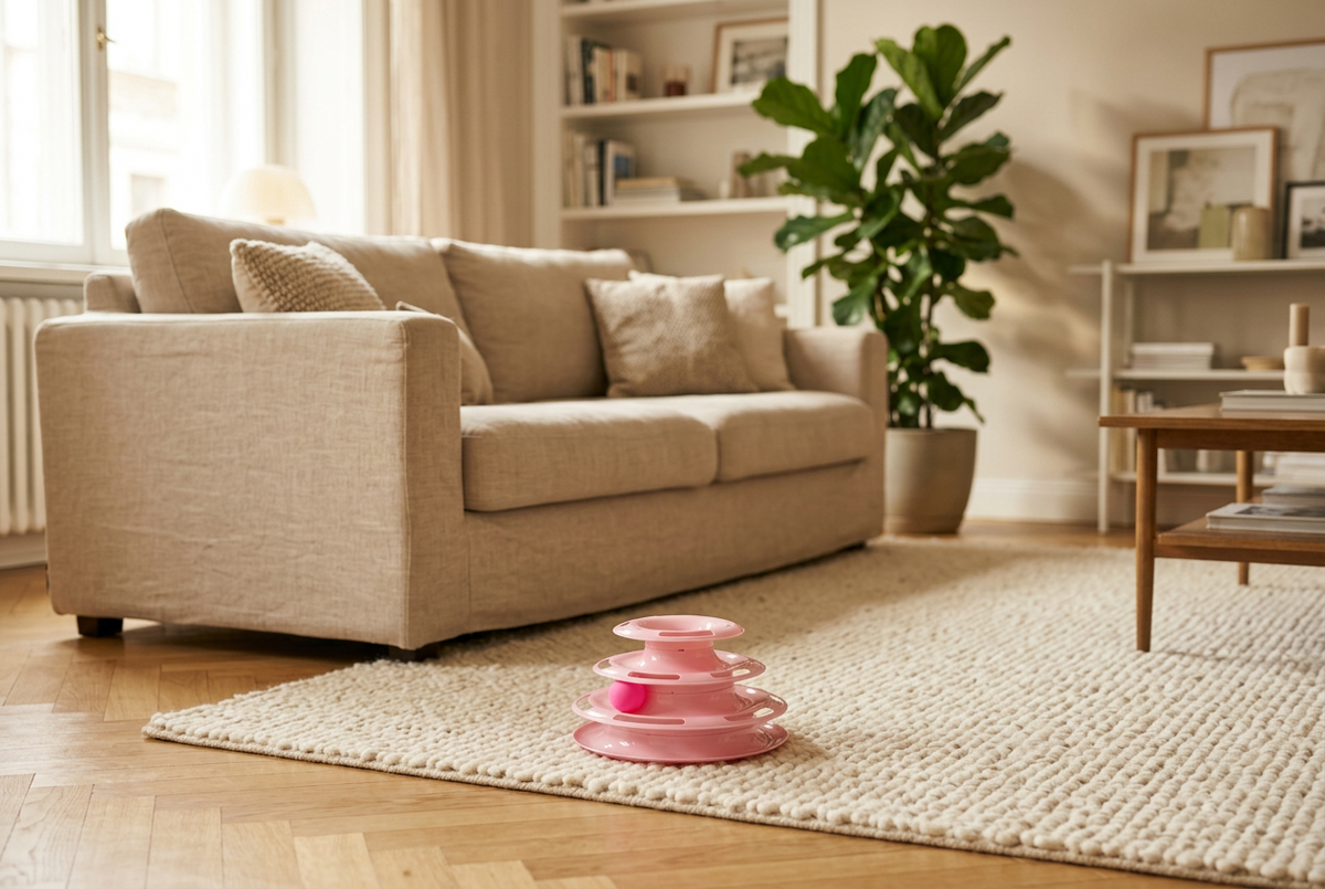 Tour à balles pour chat posée sur un tapis dans un salon