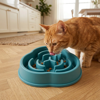 Gamelle anti-glouton chat labyrinthe en action