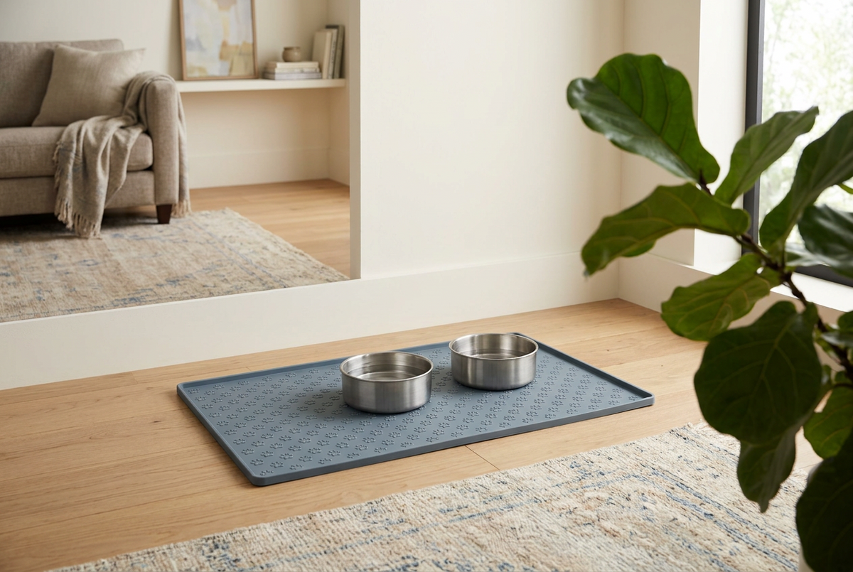 Tapis gamelle chat en silicone gris posé sur un parquet dans un salon